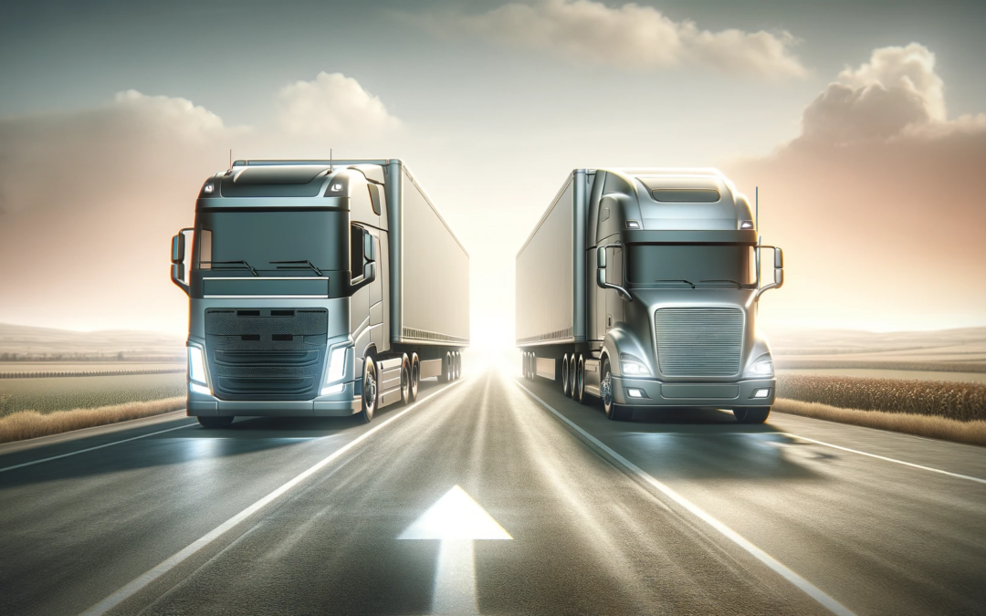 Two trucks on a two-way road, one truck approaching and the other departing, symbolizing the trucking industry's evolution from 2023 to 2024.